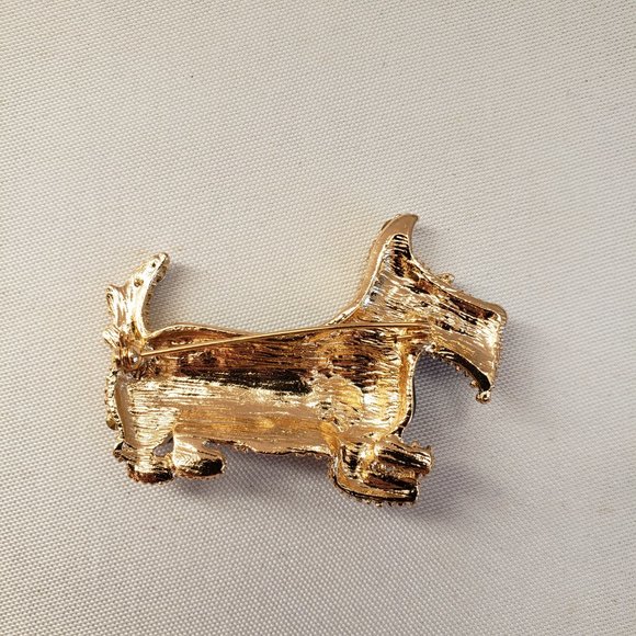 Scottie Dog Brooch.  Scottish Terrier.  Black enamel, diamond simulants on gold - Picture 10 of 12